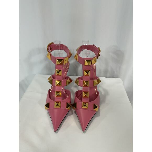Valentino 'Roman Stud 80" Pink Leather Ankle Strap Pump Size 6 - Picture 2 of 5